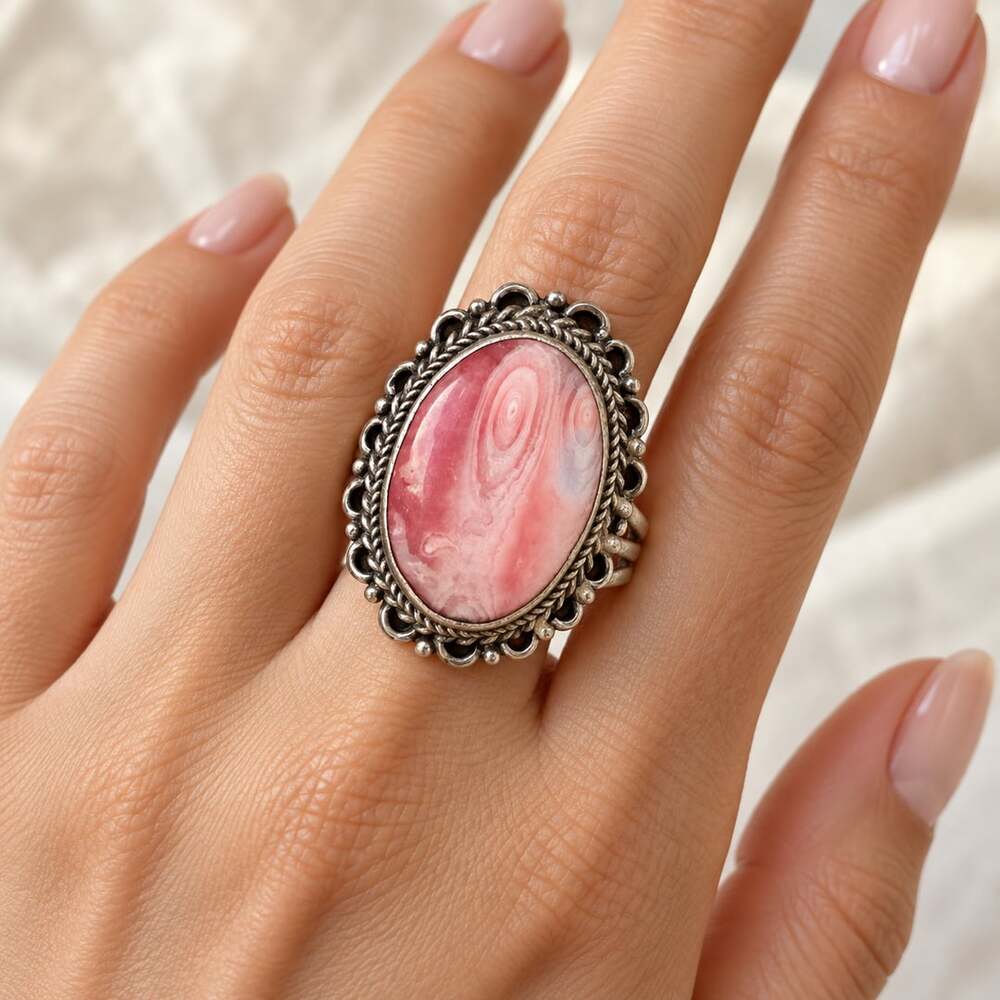 Sterling Silver Rhodochrosite Oval Cabochon Ring Size 8